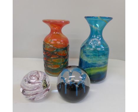 Two Mdina glass vases, a Caithness paperweight and a Langham glass paperweight 