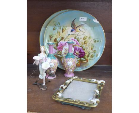A pair of pottery plaques, decorated with birds and flowers, one a/f, signed Finnery, together with a pair of pink and green 