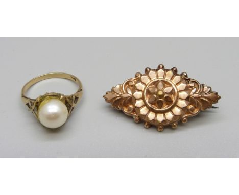 A 9ct gold pearl set ring, 1.7g, K and a gold plated brooch 