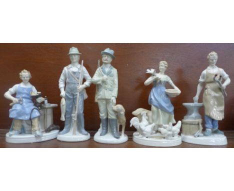 Five German Sitzendorf figures, Hunter, Fisherman, Blacksmith, Cobbler and Farmhand 