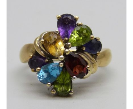 A silver gilt multi gem cluster ring, R 