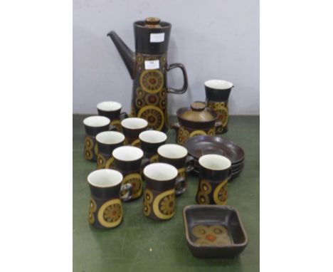 A Denby Arabesque coffee set, ten cups, four saucers, dish, sugar basin, milk jug and coffee pot 