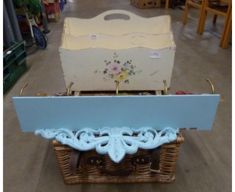 A picnic hamper with contents, two coat racks and a magazine stand **PLEASE NOTE THIS LOT IS NOT ELIGIBLE FOR POSTING AND PAC