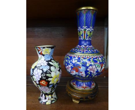 A cloisonne vase on stand and a painted enamel vase 