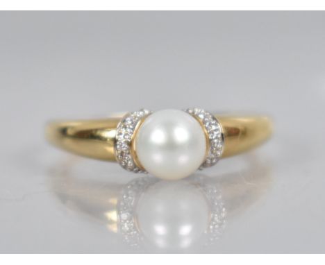 An 18ct Gold Pearl and Diamond Ring, Central Round Pearl Measuring 6.4mm Diameter, White Metal Milgrain Set Diamond Mounted S