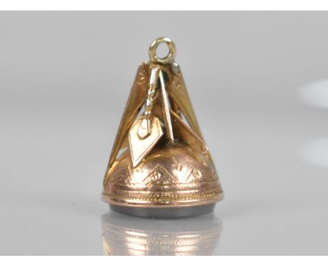 Masonic Interest: A 9ct Gold Mounted Agate Fob Seal, Finial Decorated with Compass, Gavel and Trowel and Seal with Incised De