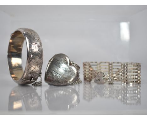 A Collection of Vintage Silver Jewellery to include Seven Bar Gate Link Bracelet with Heart Shaped Padlock, a Vintage Hinged 