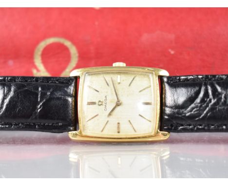 A Vintage 18ct Gold Cased Ladies Omega Manual Wrist Watch, Champagne Face with Baton Hour Indicators and Pencil Hands, Inscri