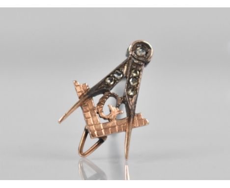 Masonic Interest: Gold Metal and Diamond Brooch, Six Rose Cut Diamonds, Milgrain Set to Compass Mount, 20.3mm Tall Max, 1.4gm