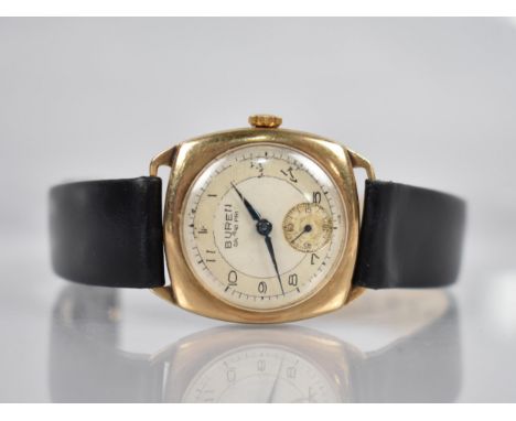 A 9ct Gold Cased Buren Grand Prix Wrist Watch, Silvered Circular Face with Arabic Numerals (Rubbed) and Minute Chapter Ring, 