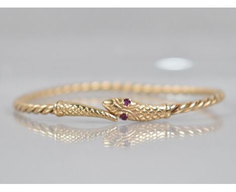 A 9ct Gold Bangle, Snake, Round Cut Ruby Eyes with Engraved Scale Decoration to Head and Tail, and Rope Twist Cuff, 7gms 