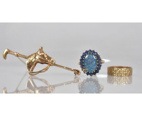 A Collection of Three 9ct Gold Mounted Items to include Textured Wedding Band, 2.7gms, Opal and Sapphire Mounted Dress Ring (