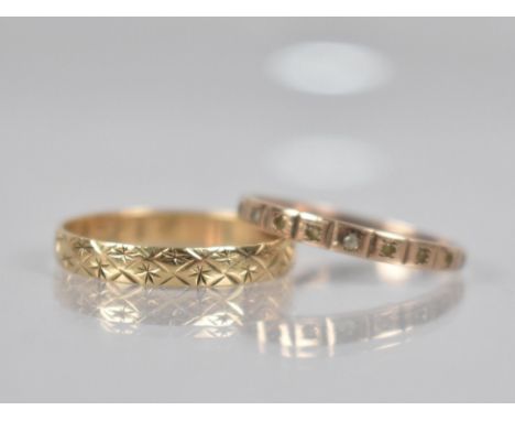 Two 9ct Gold Bands, One with Incised Decoration, London 1981, Size R, together with a Similar Jewelled Example with White Sto