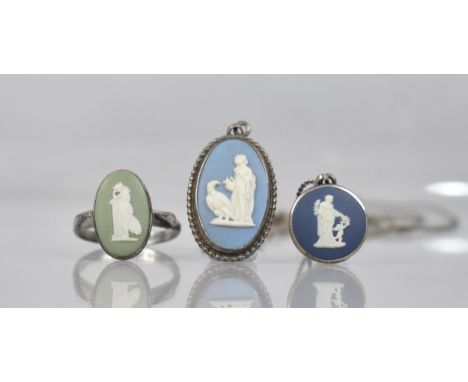 Three Silver Mounted Wedgwood Jasperware Items, Ring and Two Pendants on Chains 