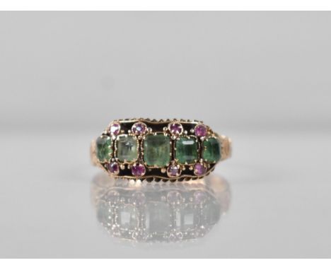 A 19th Century Emerald, Ruby and 15ct Gold Ring Comprising Five Graduated Mixed Cushion Cut Emeralds, Largest Measuring 4.3mm