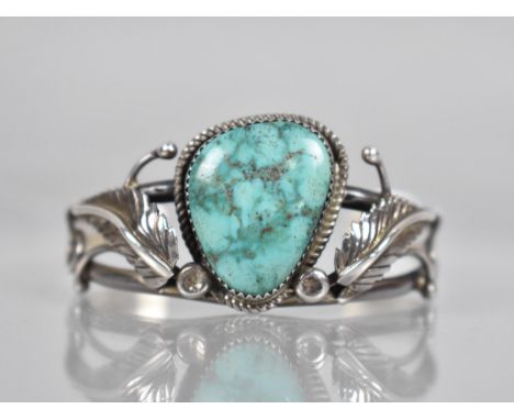 A Native American Turquoise Cuff, Possibly Jack Tom, Large Turquoise Cabochon Panel Measuring 23.9x18.5mm Max, Typical Scroll