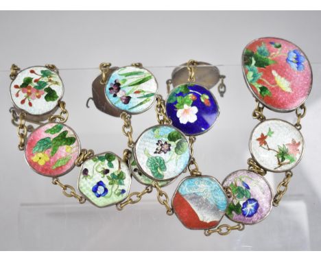 A Japanese Cloisonne Belt, Circular, Quatrefoil and Hexagonal Panels Decorated with Various Flowers, Foliage and Mt. Fuji, Se