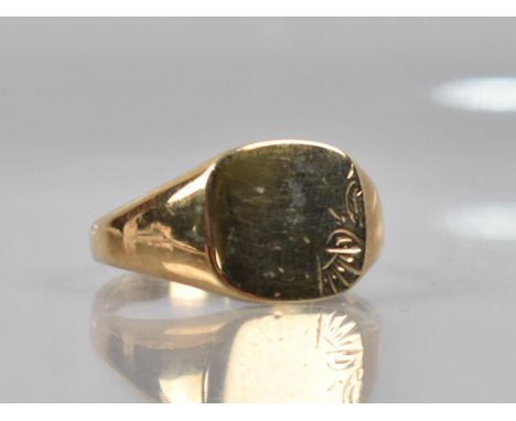 A 9ct Gold Signet Ring, Rectangular Panelled Head to Wide Tapered Shoulders and a Plain Polished Band, Size W.5, 5.5gms, Make