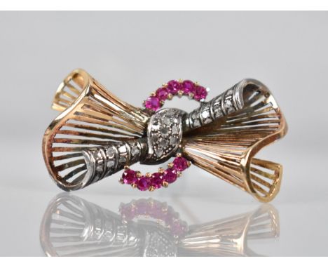 A Large Diamond and Ruby Bow Brooch in Gold and White Metal,  Comprising 25 Rose Cut Diamonds, Each Approx 1.5mm Wide Max, Mi