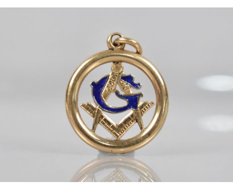 Masonic Interest: A Gold Metal and Blue Enamel Pendant/Fob, Cursive G with Compass in Circular Frame, Bale Partially Stamped 