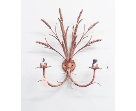 Three 2 branch gilt metal wheat ear patterned wall light fittings 