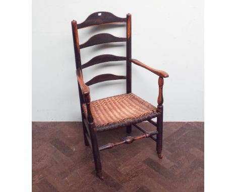 Antique elm ladder back elbow chair with rush seat 
