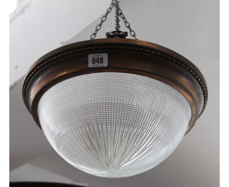 Holophane glass light fitting, illustrated bowl shade marked Holophane France, in a copper surround, together with a spare bo