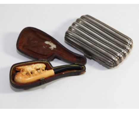 Gentleman's silver cigarette case of ribbed form together with a meerschaum style pipe in fitted case  No obvious sign of dam
