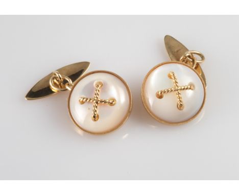 Pair of gentleman's 18ct yellow gold & mother of pearl button design cufflinks, stamped 750