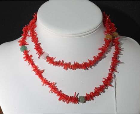 Row of stick coral interspersed with coloured coral beads, together with deco paste set buckle, gilt metal albert chain, cont