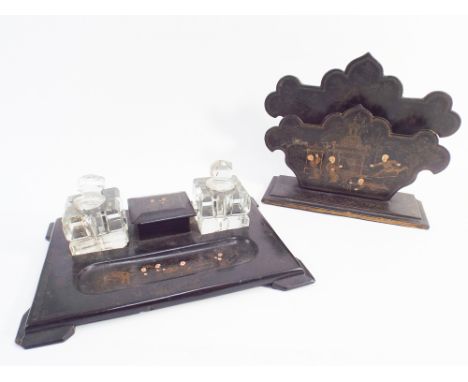 Chinoiserie black lacquer Victorian ink stand and desk tidy  Condition - glass inkwell as found 