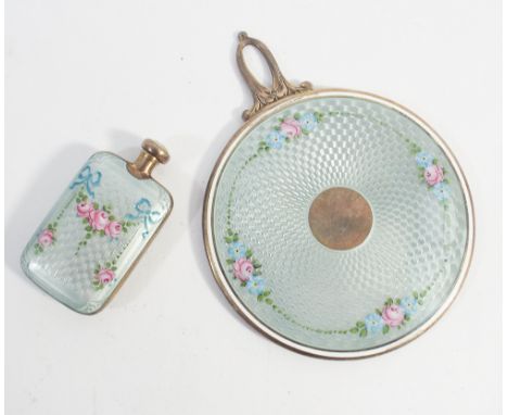 Edwardian continental white metal and engine turned pale blue and enamel scent flask and matching hand mirror   Condition - s