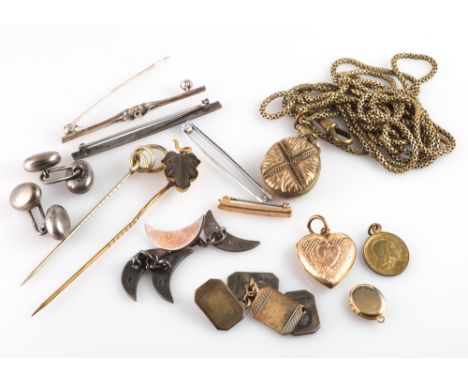 Collection of Victorian later jewellery to include silver cufflinks, gold front and back lockets, stick pins, long guard chai