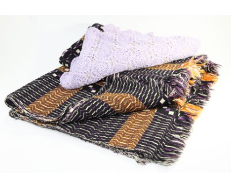 Welsh woollen tapestry marriage blanket/bed cover, together with a vintage lavender crochet cotton bed cover 