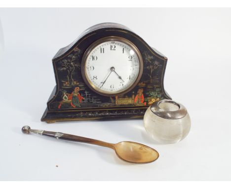 French Chinoiserie decorated mantel clock, silver topped match striker, horn and silver mounted spoon