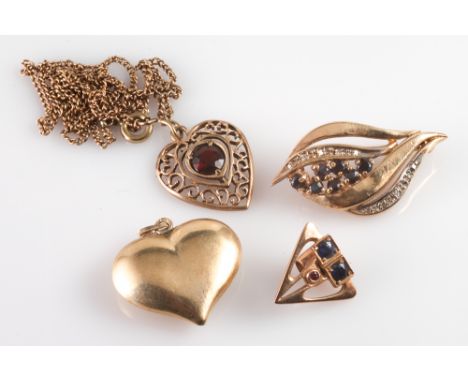 Sapphire and ruby clasp, diamond & sapphire brooch modelled as a leaf, 9ct gold heart shaped pendant with chain and a 9ct gol