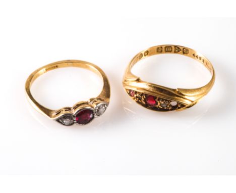 Art deco ruby and diamond 3 stone ring in a rub over setting - ring size I, together with Victorian 18ct gold ruby gypsy ring