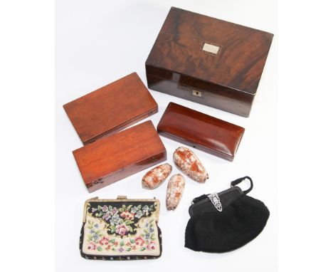 A group of collectables to include evening bags, carved shells, jewellery trinket box, Victorian mahogany boxes containing dr