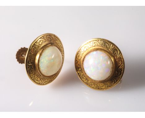 Pair of art nouveau 9ct yellow gold and opal cabochon set earrings with vintage screw fittings stamped 9ct 