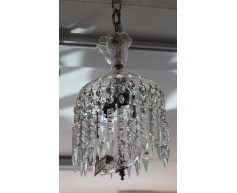 Two small hanging glass lustre chandelier light fittings - one wired , the other a shade.