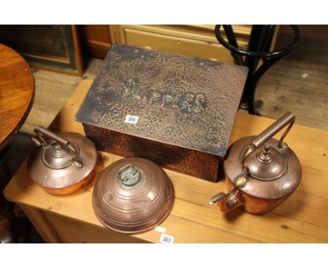 Vintage beaten copper slipper box and 3 kettles and hot water bottles