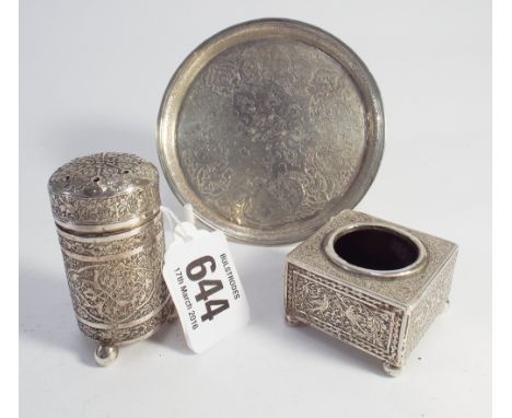 Three Arabic white metal items to include circular pin tray, inkwell and a sand shaker, gross weight of lot 5.5 oz troy 