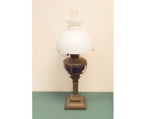 Victorian brass corinthian column oil lamp with coloured bowl and white shade 