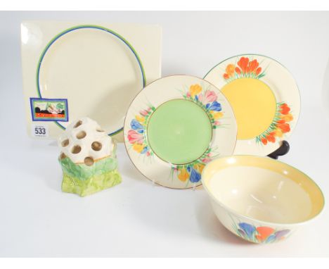 Group of five Clarice Cliff items to include Bizarre, Fantasque, crocus pattern etc. 