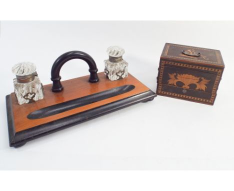 Victorian ink stand with pair of glass inkwells and a small cantilevered trinket box, the lid decorated with a bird 