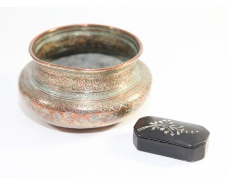 Persian Safavid copper bowl 16 cms diameter together with a Victorian black lacquer mother of pearl inlaid snuff box.