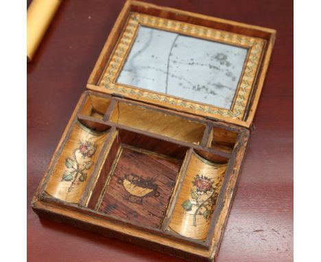 19th century prisoner of war straw work trinket box, the lid decorated with a cottage scene - 16 x 12cm