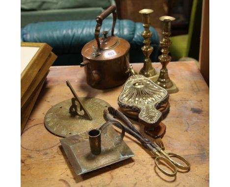 Copper kettle, pair of brass candlesticks, bellows, sundial etc.