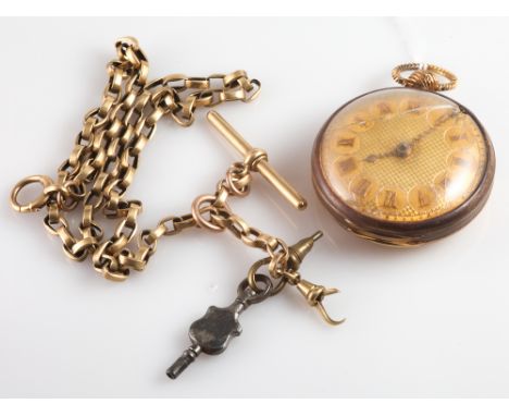 Victorian 18ct yellow gold fob watch,  engine turned back, inscribed with the initials ESC with  glazing, fancy hands and Rom