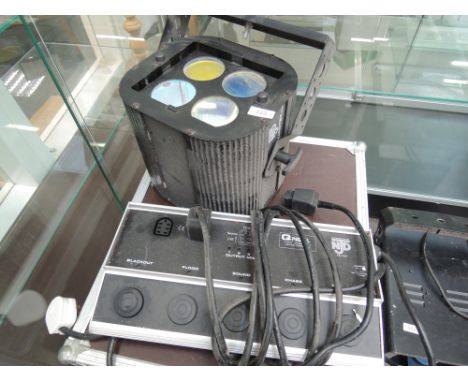 An pair of NDJ light units, with foot controller and flight case